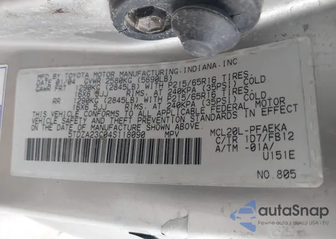 2004 Toyota Sienna Le z USA, uszkodzony, nr VIN 5TDZA23C04S118090